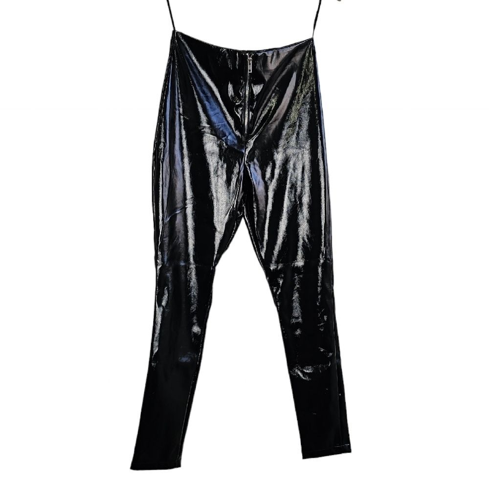 Shiny wet look UP faux leather black high rise skinny pants